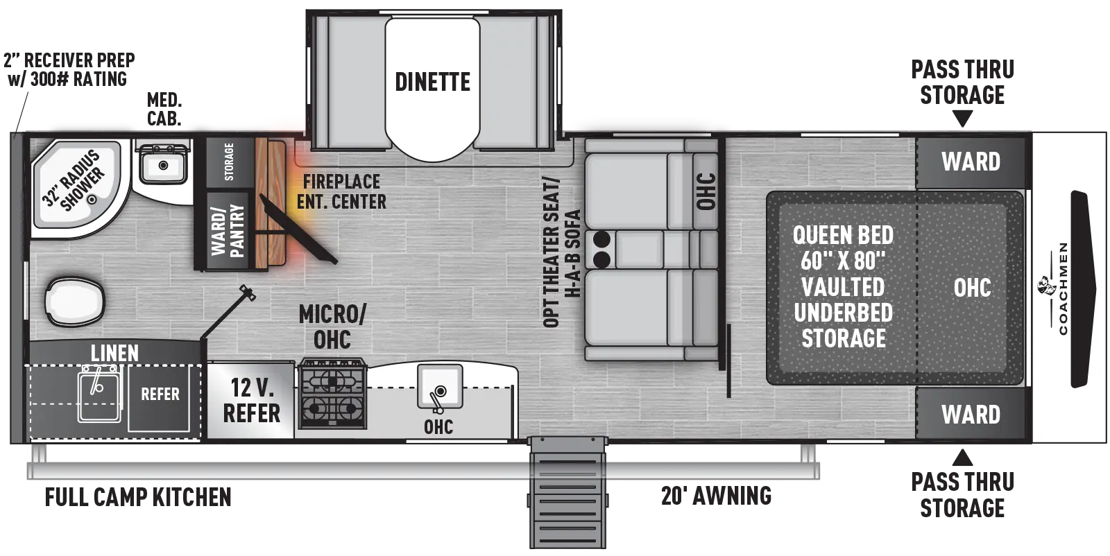 The 252RBS has one slideout and one entry. Exterior features front pass-thru storage, 20 foot awning, and full camp kitchen with refrigerator. Interior layout front to back: foot-facing queen bed with vaulted underbed storage, overhead cabinet, and wardrobes on each side; hide-a-bed sofa with overhead cabinet along inner wall (optional theater seat); off-door side slideout with dinette, and wardrobe/pantry and storage with entertainment center and fireplace along inner wall; door side entry, kitchen counter with sink, overhead cabinet, microwave, cooktop, and refrigerator; rear full bathroom with linen closet.